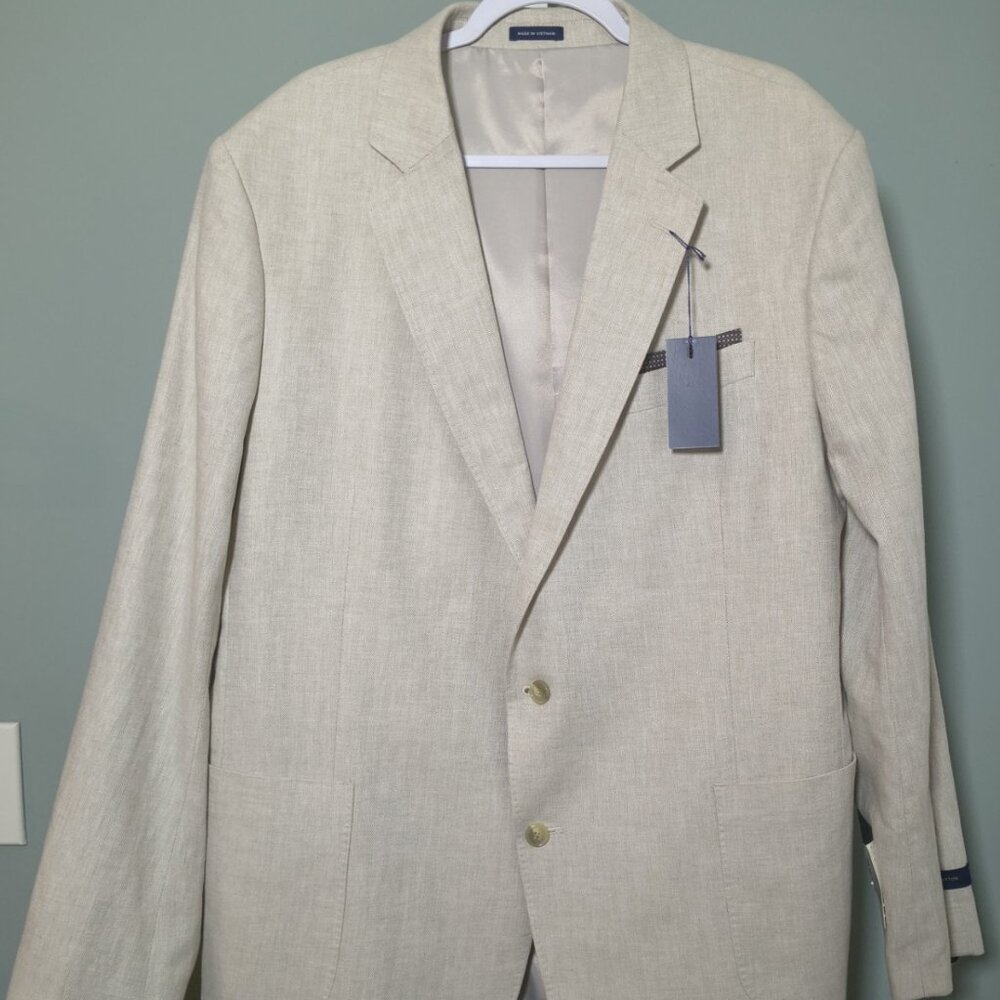 Stafford Men's Linen Cotton Herringbone Classic Fit Sport Coat, 48 Long, Beige